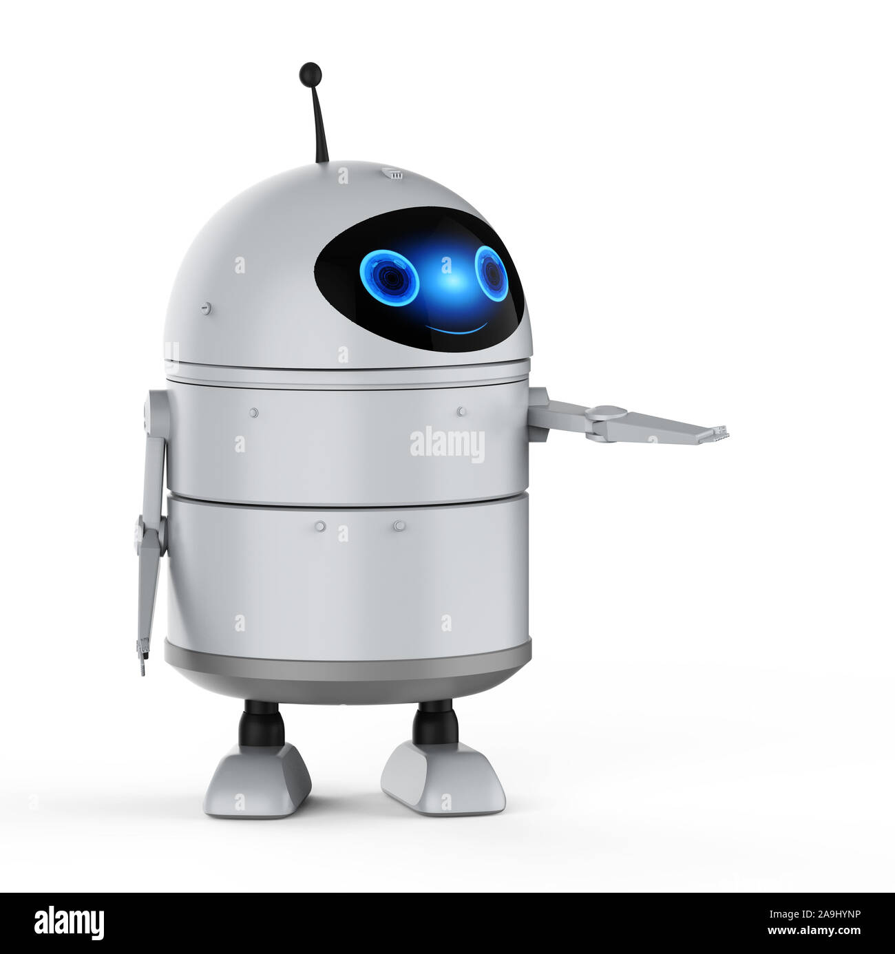 3D rendering android robot o robot de inteligencia artificial con el personaje de dibujos animados de mano abierta Foto de stock