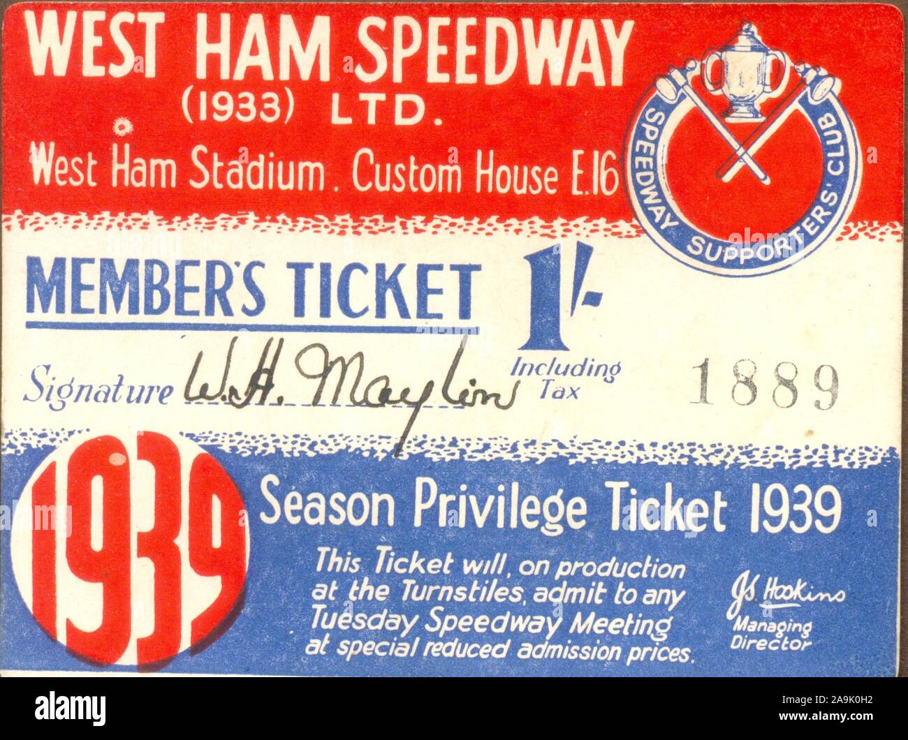 Temporada 1939 Privilegio Ticket para el West Ham Speedway, Custom House, Londres E 16 Foto de stock