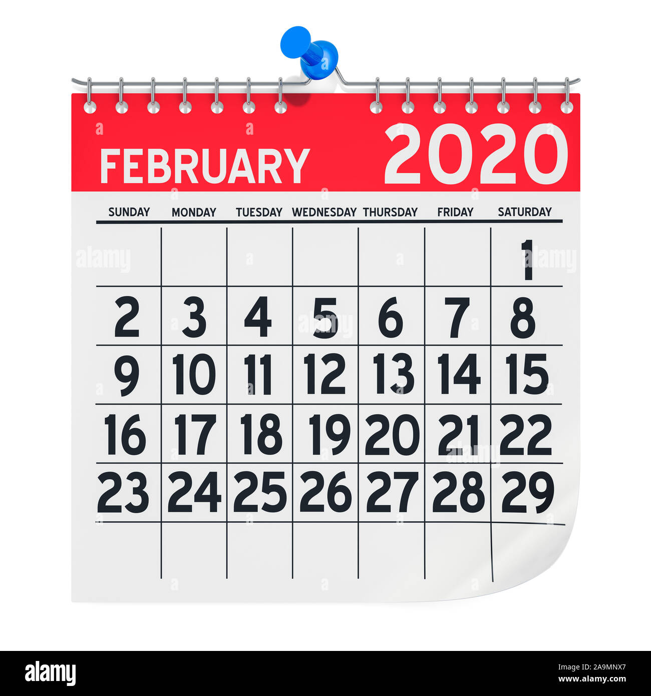 Febrero 2020 Calendario de pared mensual, 3D rendering aislado sobre