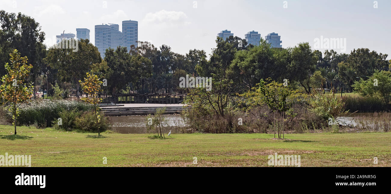 Panorama de un estanque en yarkon park en el norte de Tel Aviv, Israel con edificios altos en el fondo y un egret sobre el césped en primer plano Foto de stock