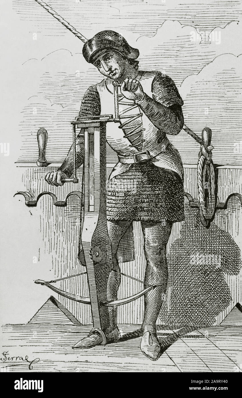 Crossbowman recargue mediante rodillo. Grabado por Serra (después de un códice del siglo XIV). Museo Militar, 1883. Foto de stock