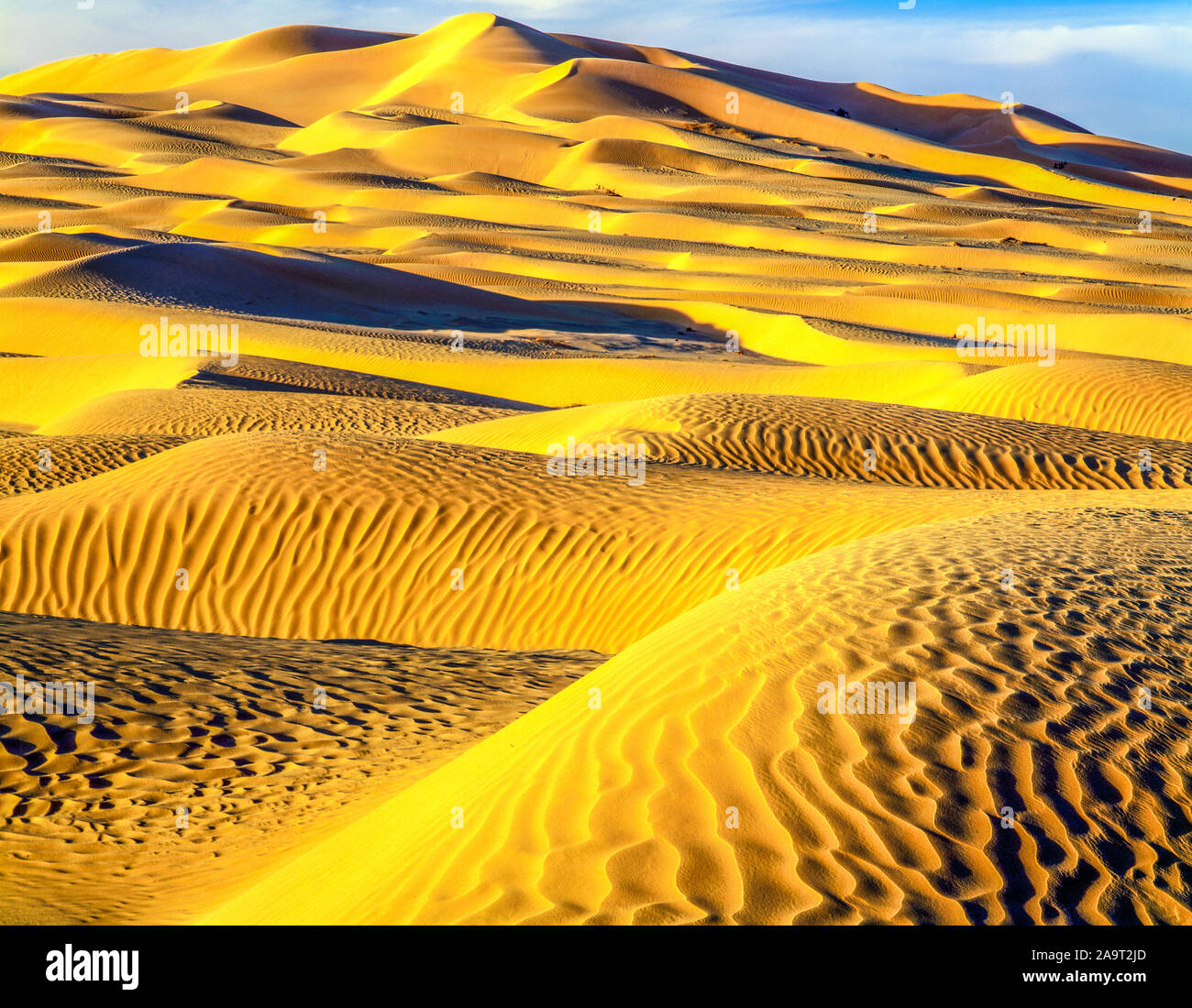 Las dunas de arena de Rub' al Khali, el Cuarto Vacío, Sultanato de Omán, el inmenso mar de arena de la Península Arábiga, uno de los desiertos más grandes del mundo. Foto de stock