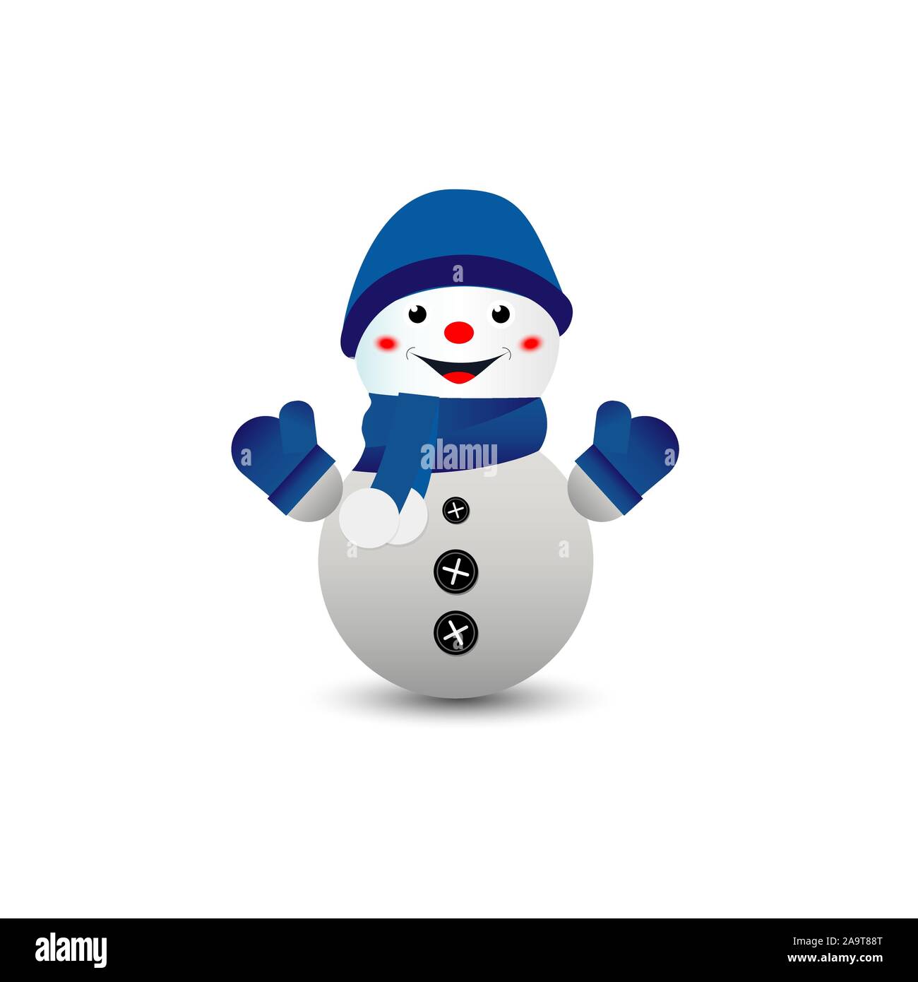 Cartoon muñeco de nieve en un sombrero azul y azul de los guantes. Fondo blanco, aislado. Ilustración vectorial. Ilustración del Vector