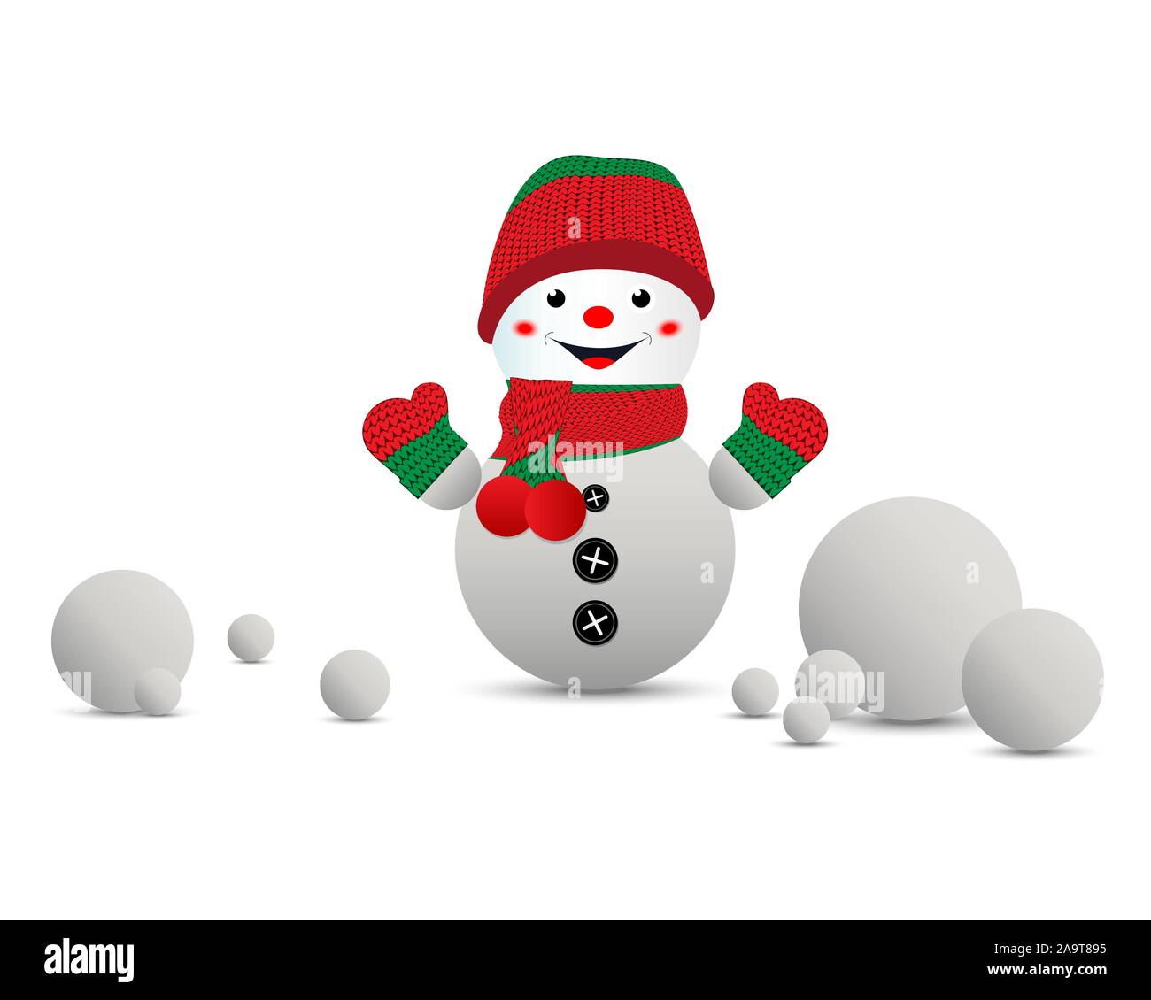 Cartoon muñeco de nieve en un gorro de punto rojo-verde y manoplas. Fondo blanco, aislado. Ilustración vectorial. Ilustración del Vector