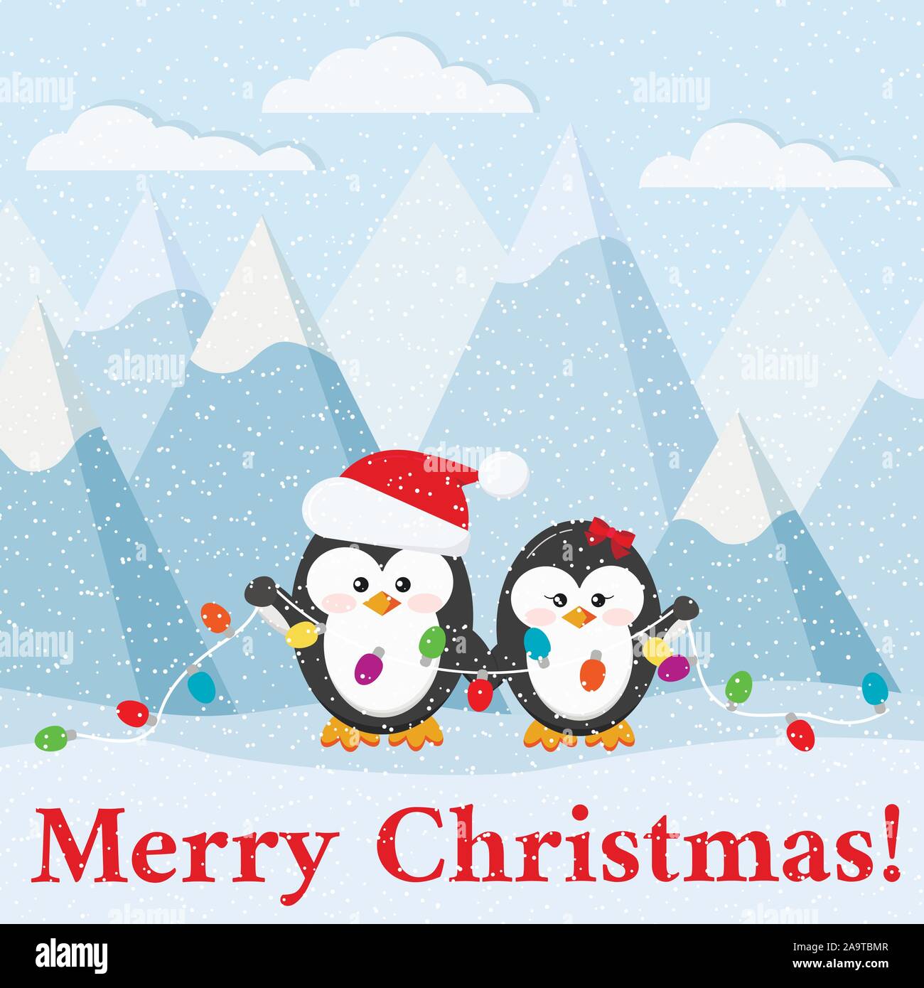 Feliz Navidad tarjeta con linda pareja de pingüinos con guirnalda en el  paisaje ártico de fondo Imagen Vector de stock - Alamy