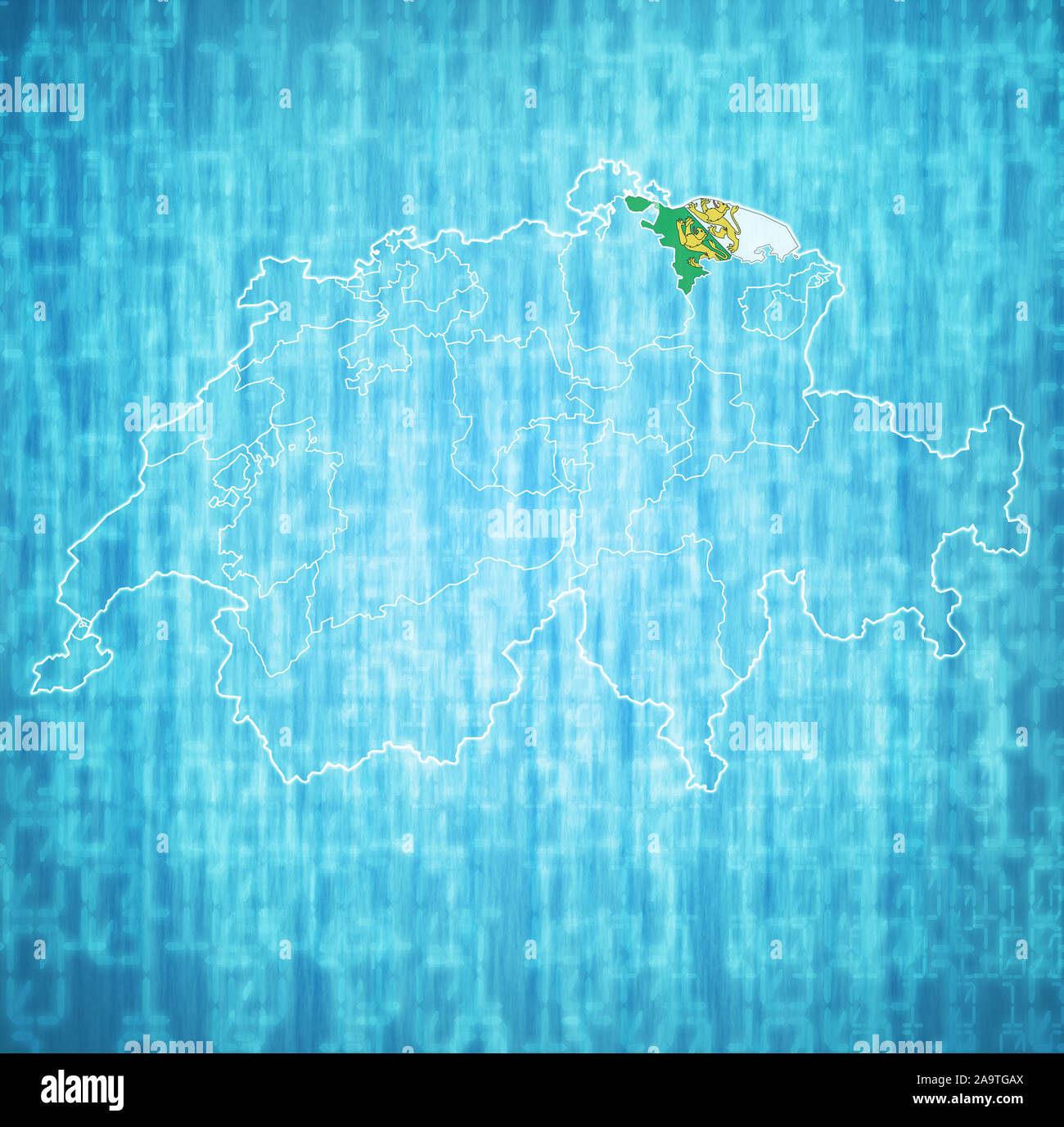 La bandera y el territorio del Cantón de Turgovia en el mapa de las
