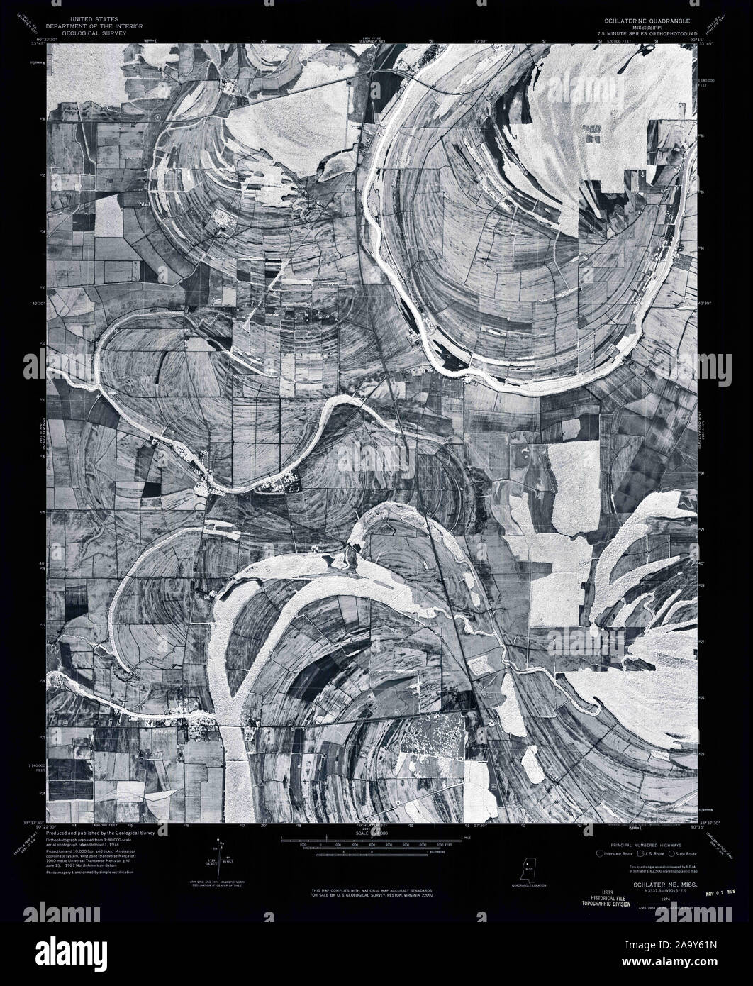 USGS Mapa TOPO Mississippi MS Schlater NE 24000 1974 336440