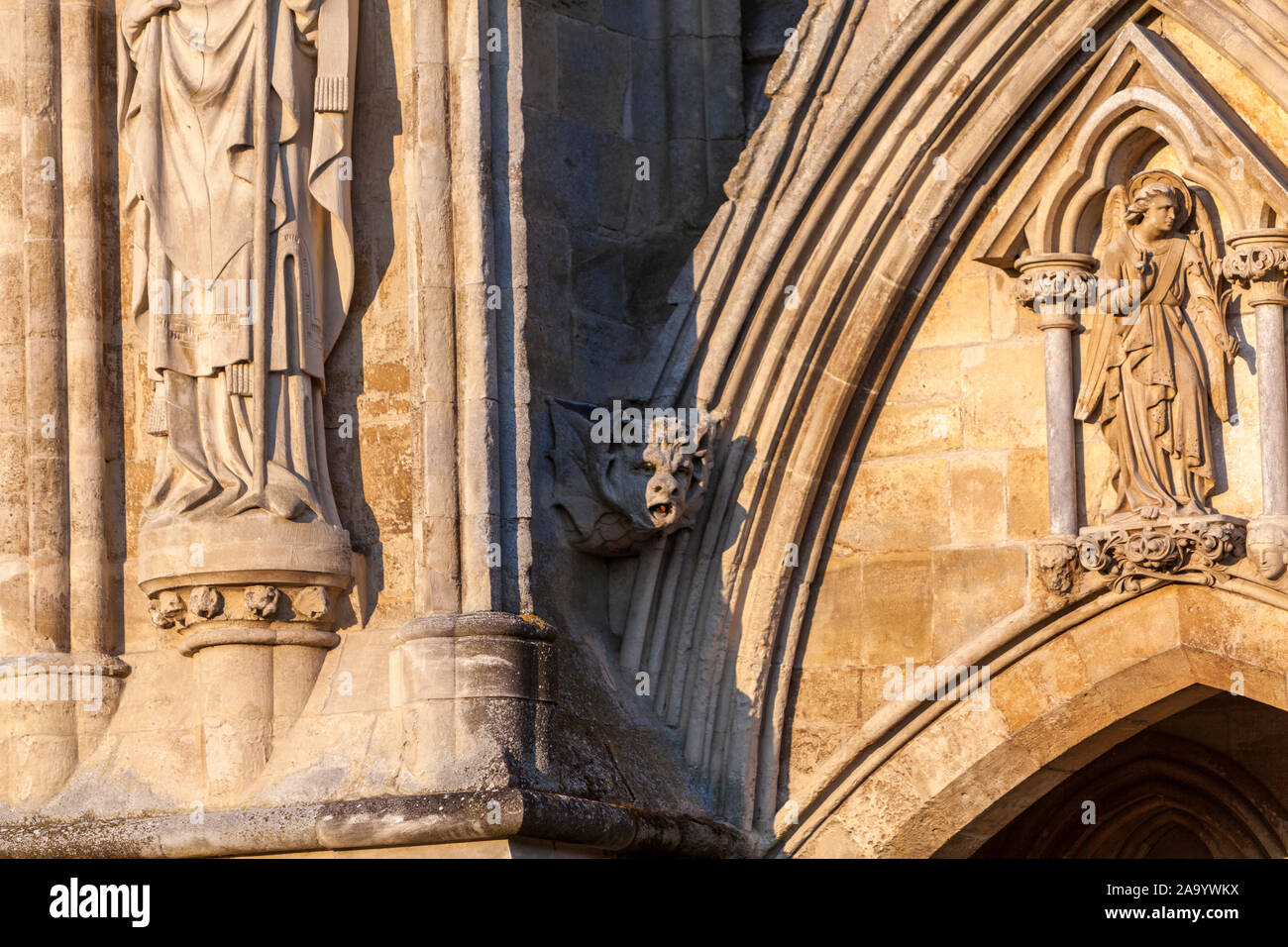 Detalle de la fachada con gárgolas en la Catedral de Salisbury, Salisbury, Wiltshire, Inglaterra, Reino Unido. Foto de stock