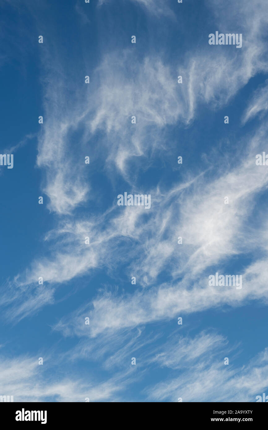 Feathery tenues nubes cirros cubriendo un cielo azul. UK Foto de stock