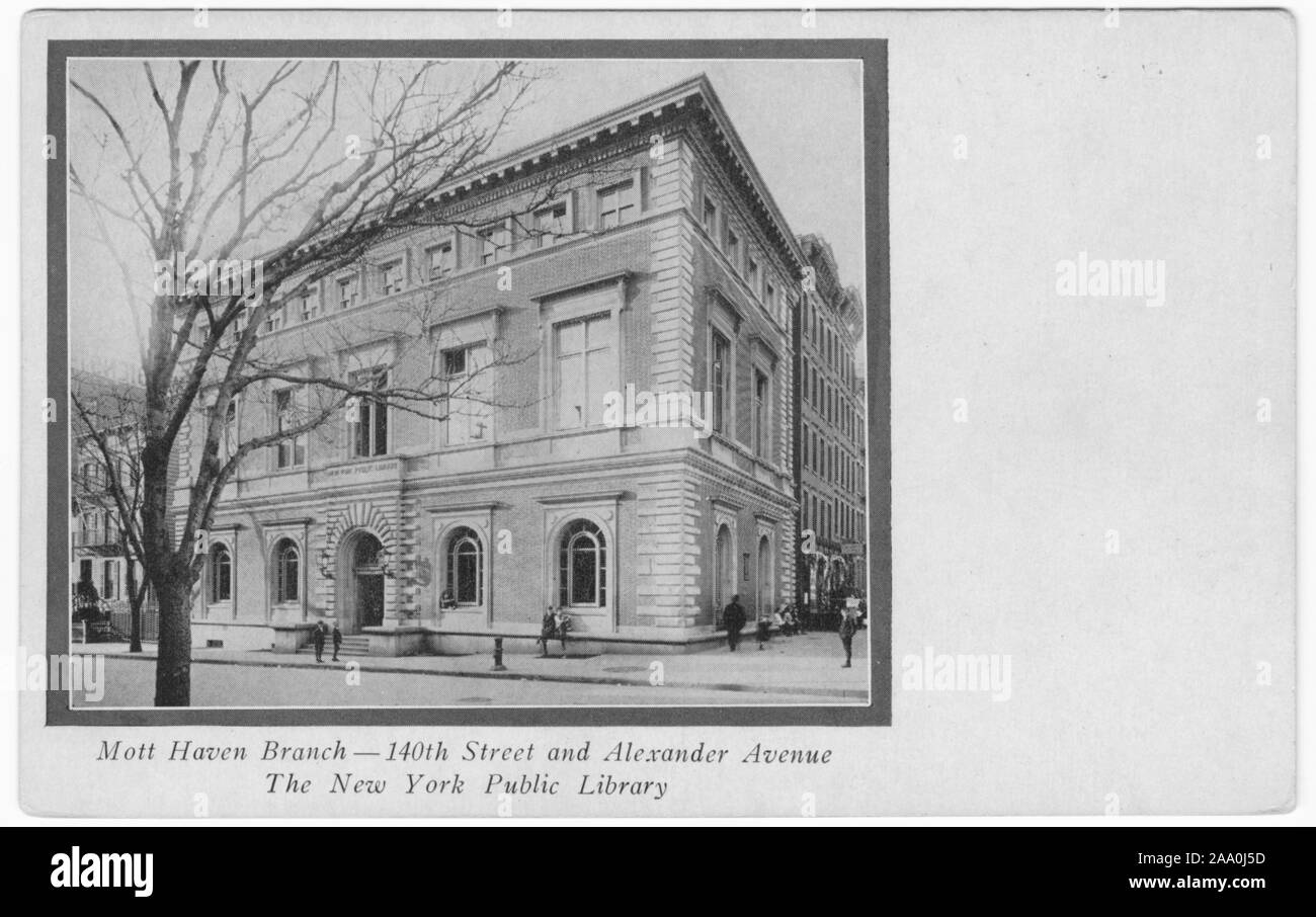 Grabado postales de la sucursal Mott Haven de la Biblioteca Pública de Nueva York, 140 Street y Alexander Avenue, Nueva York, publicado por la Biblioteca Pública de Nueva York, 1920. Desde la Biblioteca Pública de Nueva York. () Foto de stock