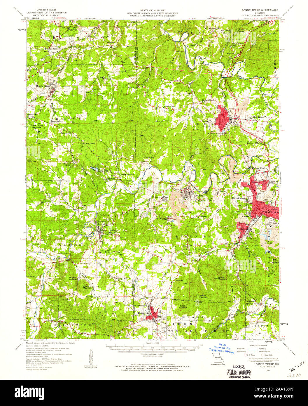 Usgs Mapa Topo Missouri Mo Bonne Terre 1958 Restauracion 62500 324740 2aa139n 