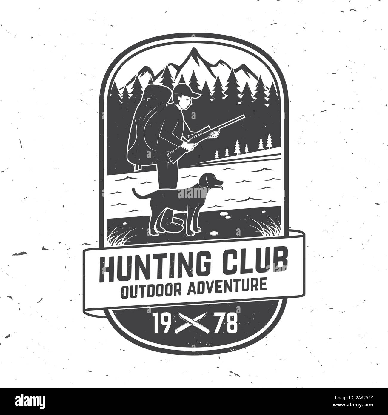 Conjunto de la insignia del club de caza. Concepto de vector para camisa o etiqueta, imprimir el sello. Diseño de tipografía Vintage con Hunter, el perro, escopeta de caza, montañas y bosques. Hunt club emblema de aventura al aire libre Ilustración del Vector