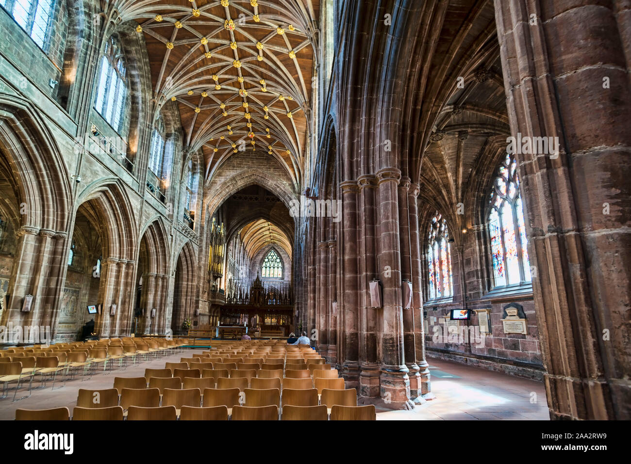 La Catedral de Chester, interno, techo abovedado, Cheshire, Inglaterra, Reino Unido. Foto de stock