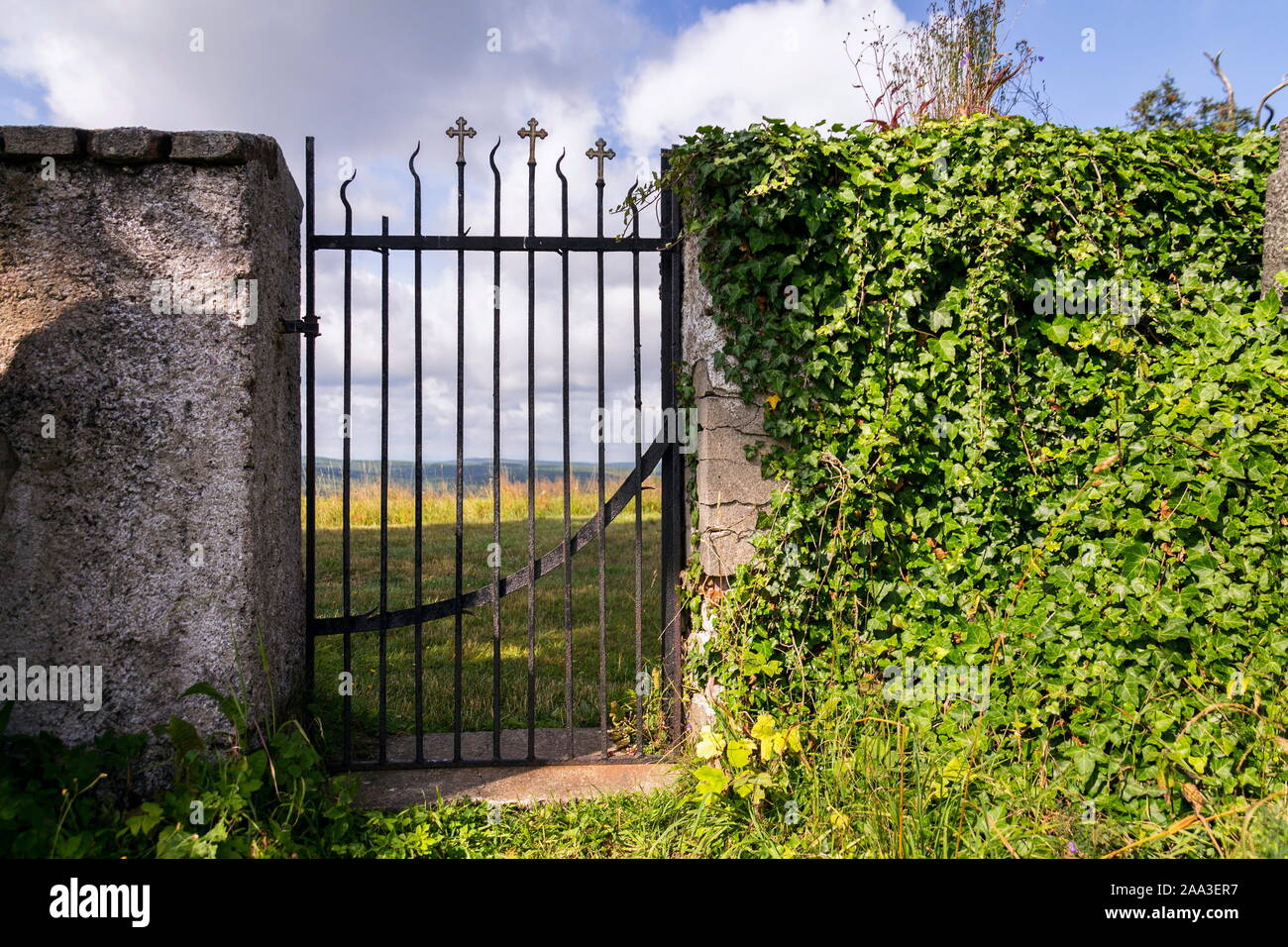 La bella y pequeña valla cruzado de hierro decoración, cementerio pared con  verdes bosques en el fondo, el concepto de la vida y la muerte Fotografía  de stock - Alamy