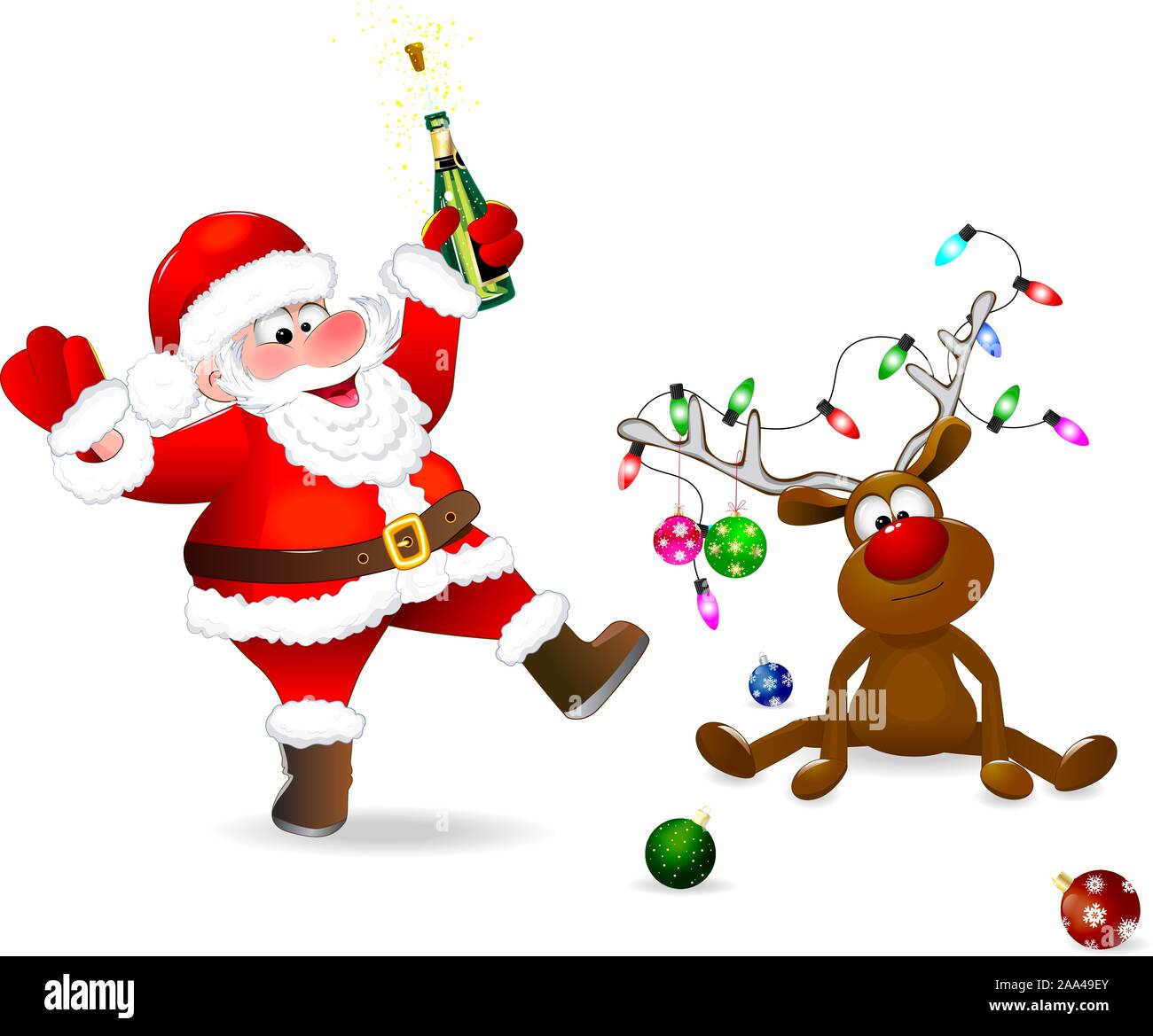 Santa Claus con una botella en su mano. El ciervo está decorado con bolas de Navidad y una guirnalda de luces. Santa y ciervos sobre un fondo blanco. Ilustración del Vector