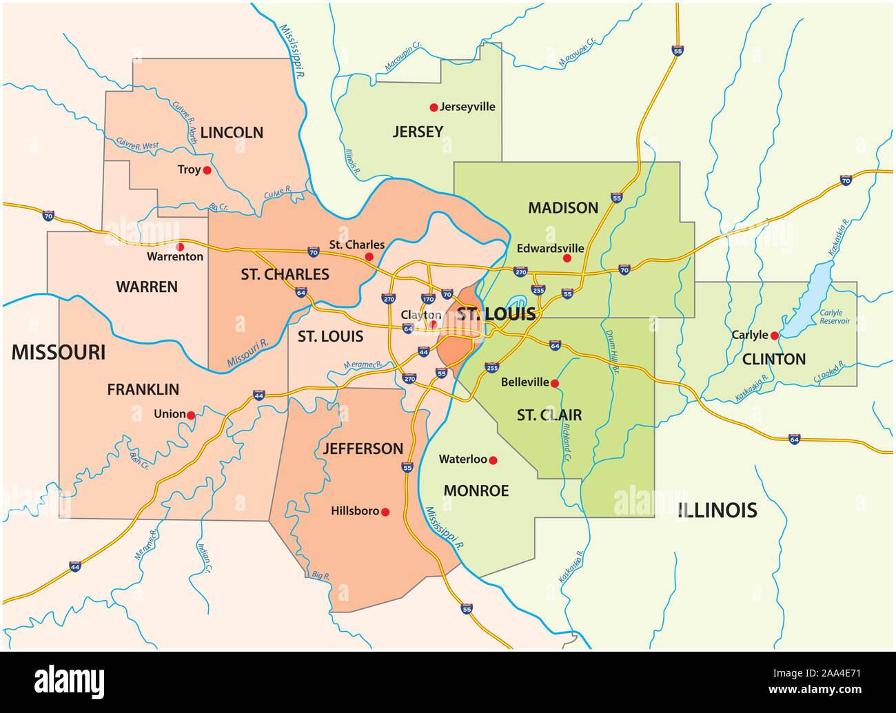 Mapa de la mayor área de ST. Louis en Missouri y Illinois EE.UU Imagen