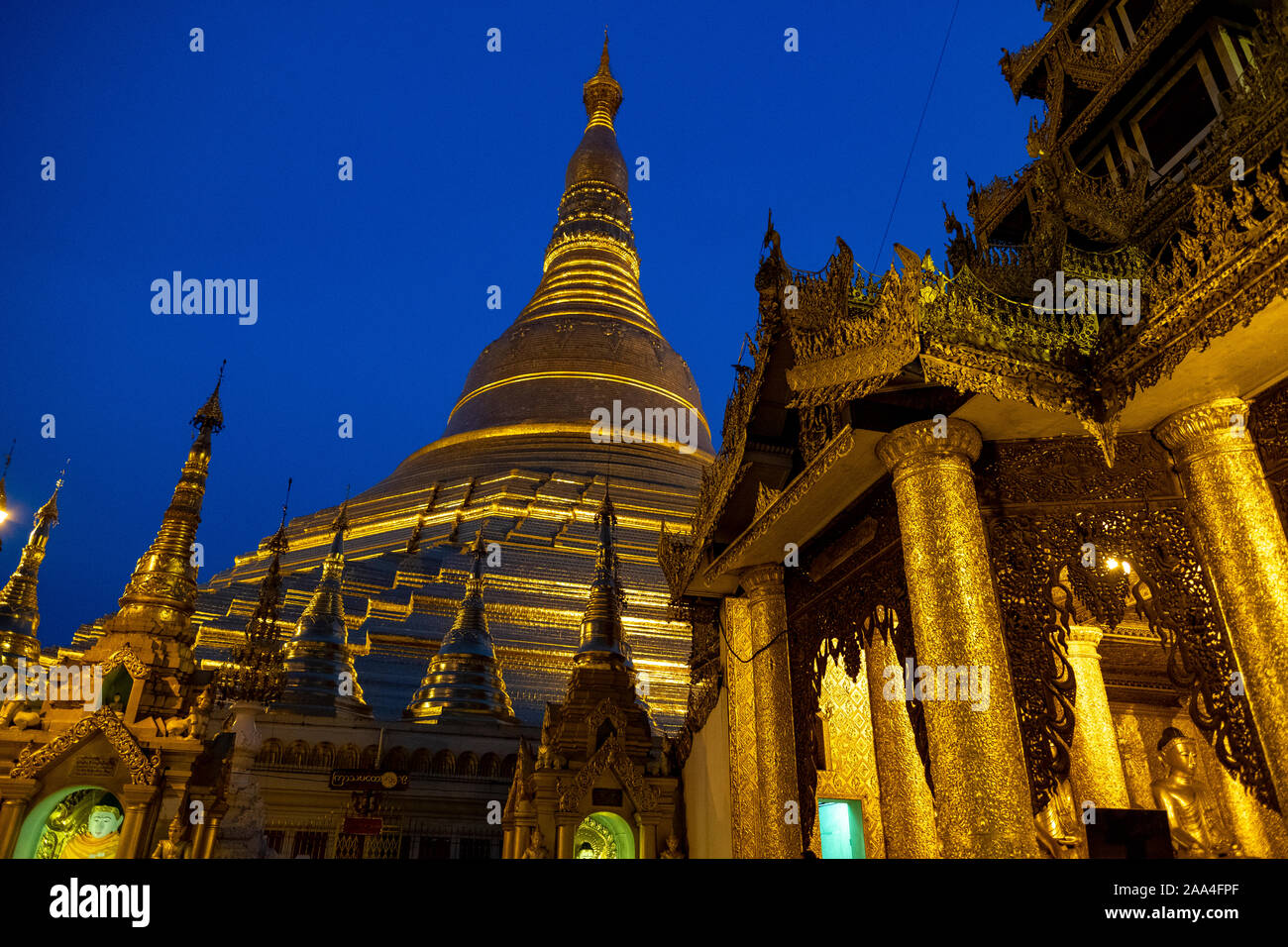 Shwedagon Pagoda y sus numerosas capillas bañados en pan de oro en Yangon, Myanmar (Birmania) con el trasfondo de un oscuro cielo nocturno claro Foto de stock
