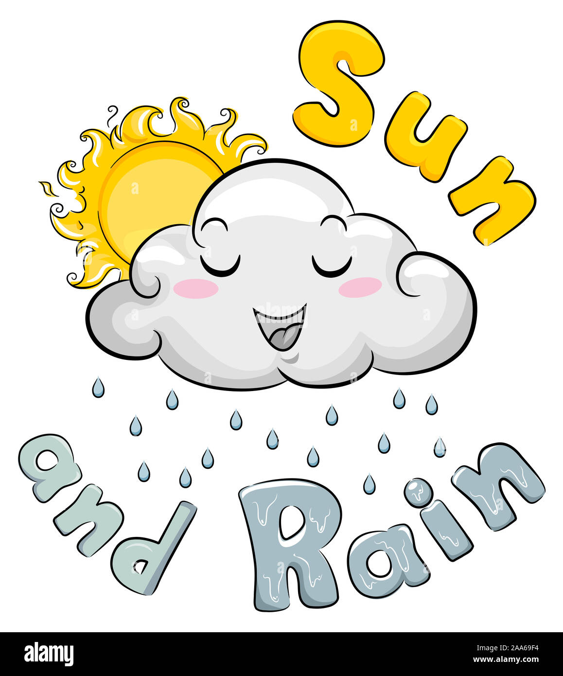 Ilustración de una mascota de nubes con sol y lluvia Foto de stock