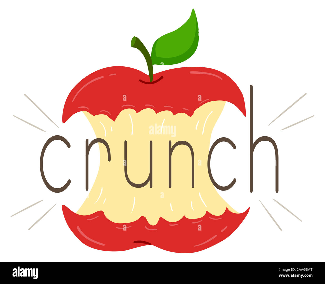 Ilustración de Crunch y un corazón de manzana. Onomatopeya de