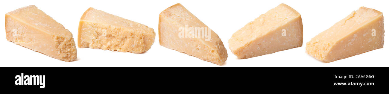 Bloques de parmesano o queso parmesano conjunto aislado sobre fondo blanco. Selección para el diseño del bulto. Con trazado de recorte Foto de stock