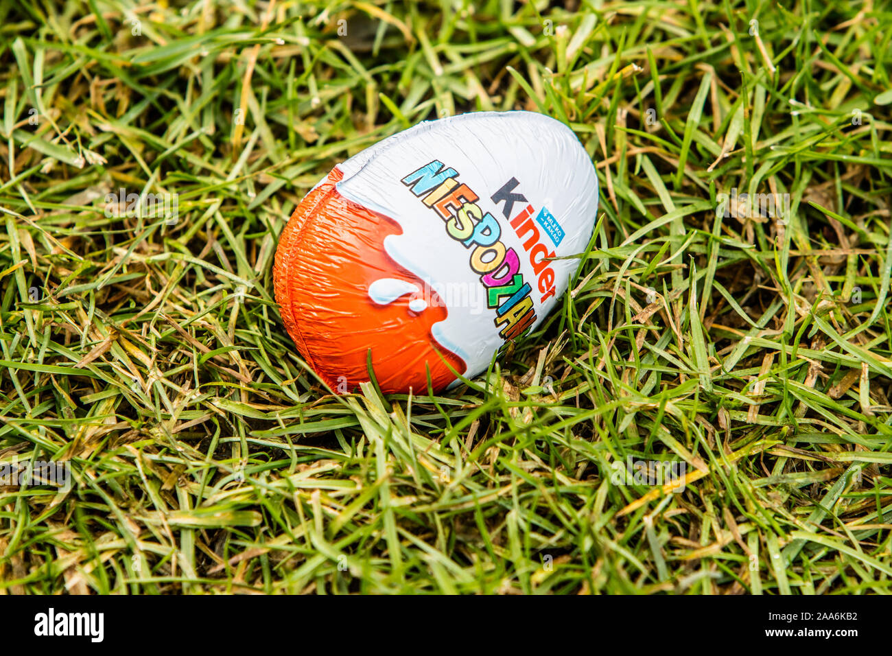 Kinder huevo sorpresa consiste de una concha de chocolate, cápsula de plástico con el juguete, y la lámina externa de la envoltura. Palabra sorpresa Escrito en polaco. hecha por Ferrero Foto de stock