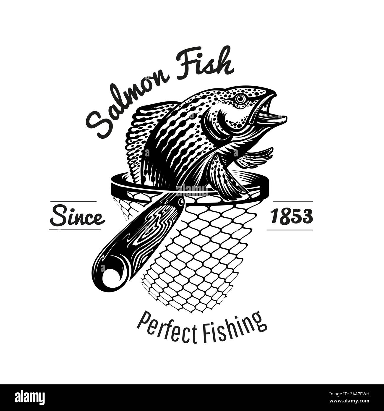Cabeza de pescado salmón de landing net en estilo de grabado. Etiqueta para la pesca o Pesca shop aislado en blanco Ilustración del Vector