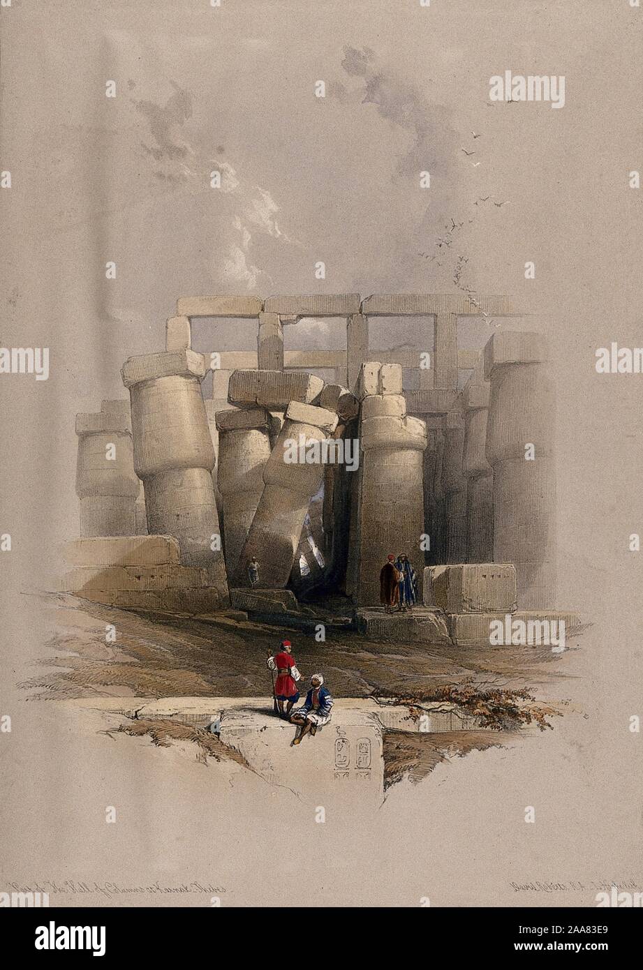 Columnas inclinadas, en el templo de Karnac, Tebas, Egipto. Litografía coloreada por Louis Haghe después de David Roberts, 1849.jpg - 2AA83E9 Foto de stock