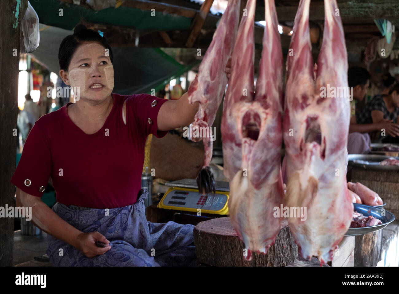 La animada la carne, pescado, Verduras & fruta mercado de Pakokku, Myanmar (Birmania) con una joven mujer que vende carne recién carneados Foto de stock