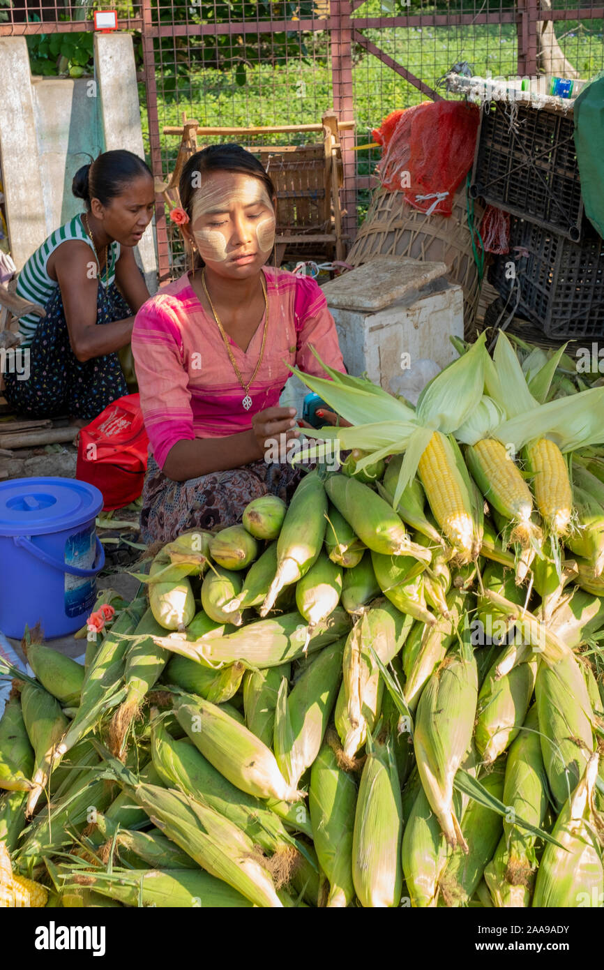 La animada la carne, pescado, Verduras & fruta mercado de Pakokku, Myanmar (Birmania) con una joven mujer que vendía maíz fresco. Foto de stock