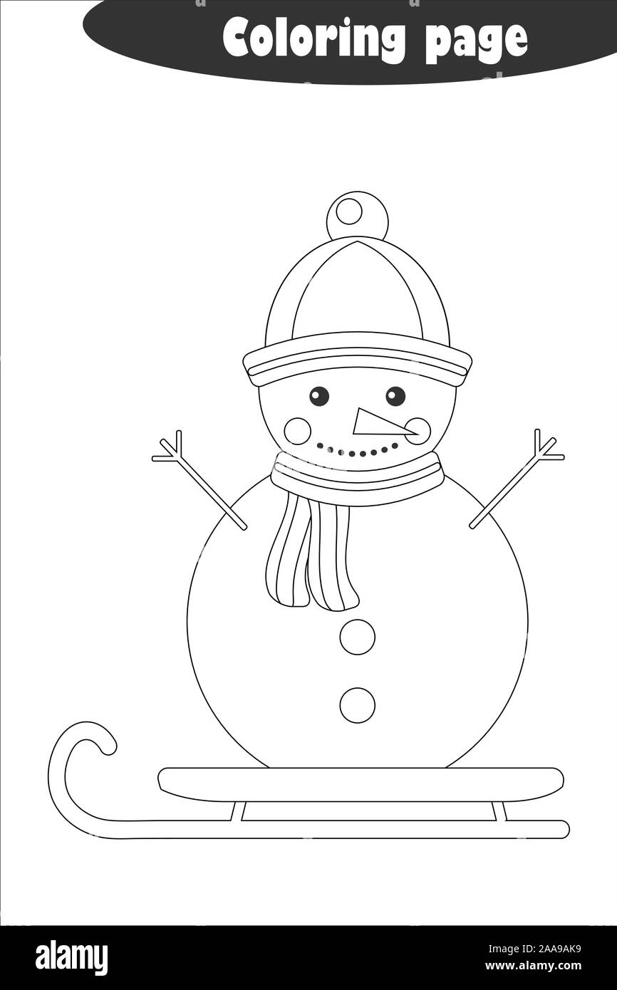Muñeco de nieve en el estilo de dibujos animados, página para colorear,  navidad papel del juego educativo para el desarrollo de los niños, los  niños en edad preescolar, la actividad hoja imprimible