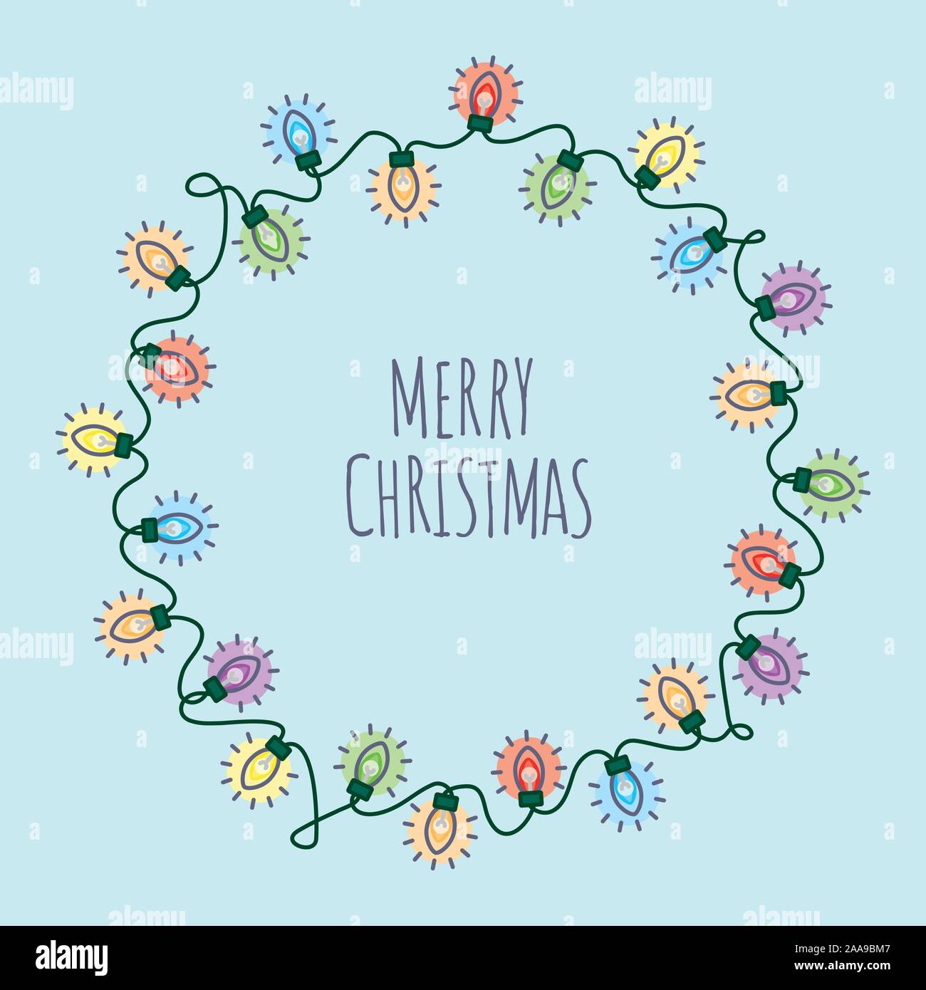 Feliz navidad plaza redonda ilustración vectorial con luces de Navidad guirnalda alrededor del texto sobre fondo azul claro Ilustración del Vector