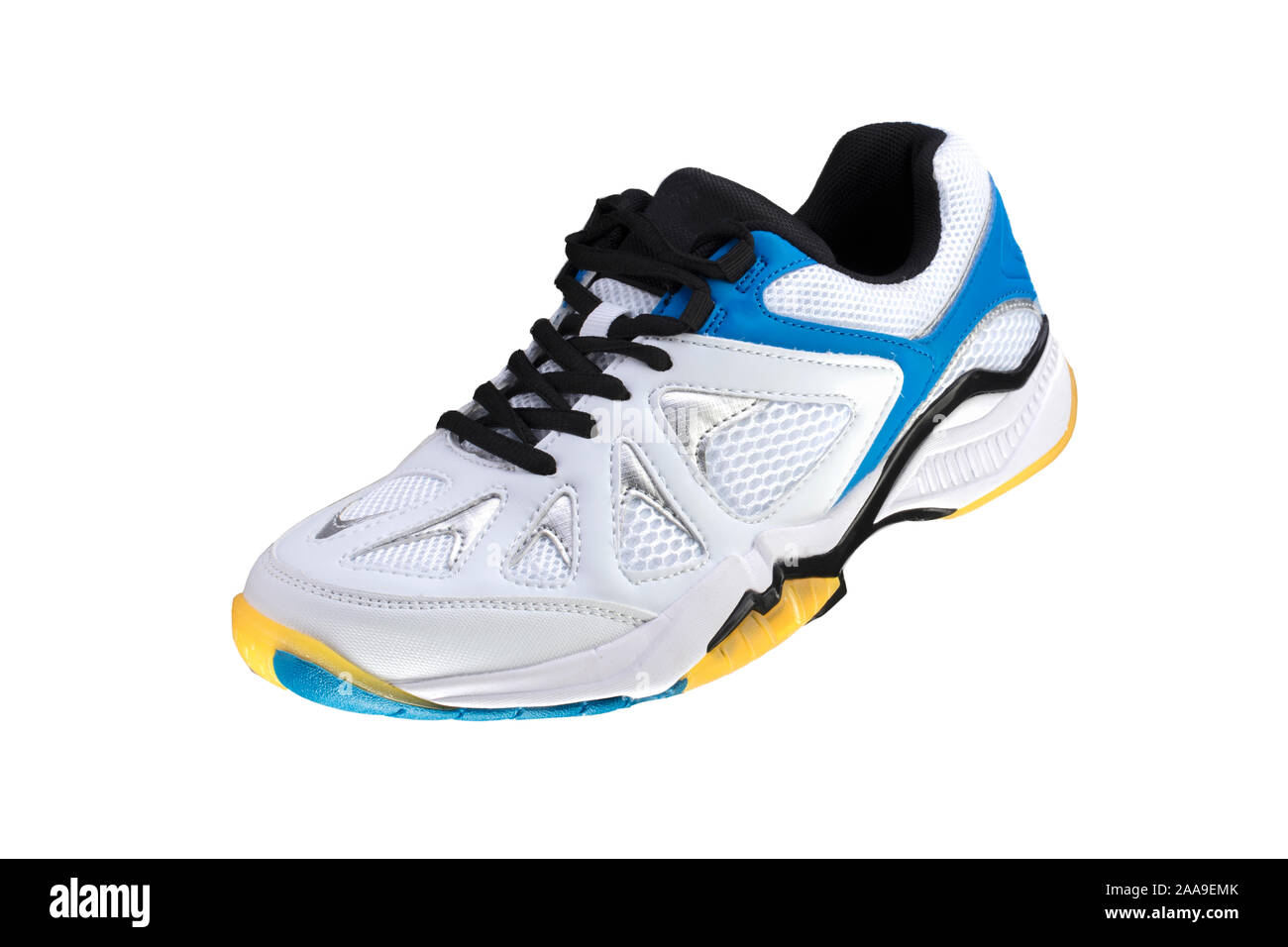 Zapatillas blancas con rayas azules sobre un fondo blanco. Calzado  deportivo Fotografía de stock - Alamy
