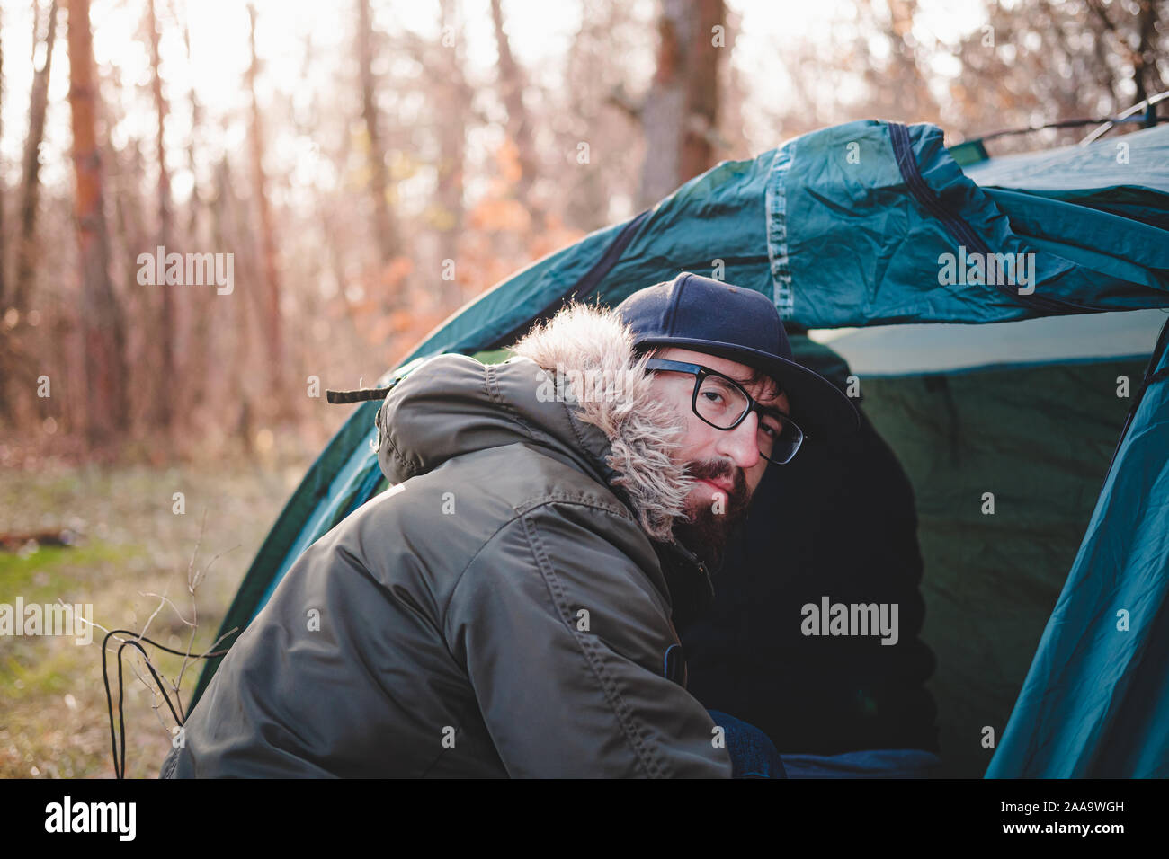 Retrato de un perro en suéter caliente y leñador hat afuera. Staffordshire terrier se sienta por el fuego en un camping y goza de clima frío otoño Foto de stock