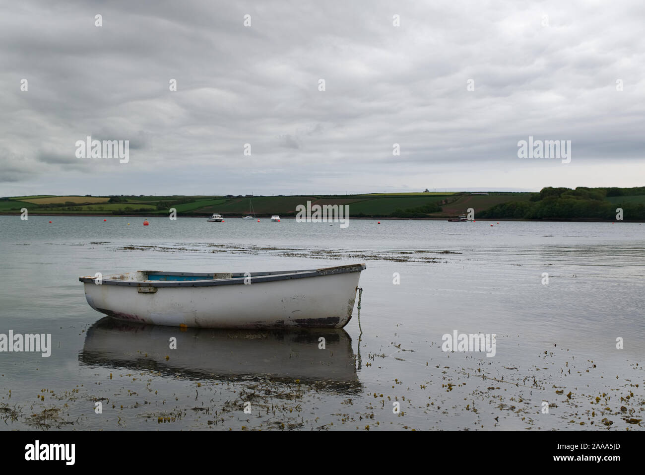 Bote de remos blancos amarrados con reflejos en el agua con los botes y tierras fuera de foco en el fondo. Concepto de pesca Foto de stock