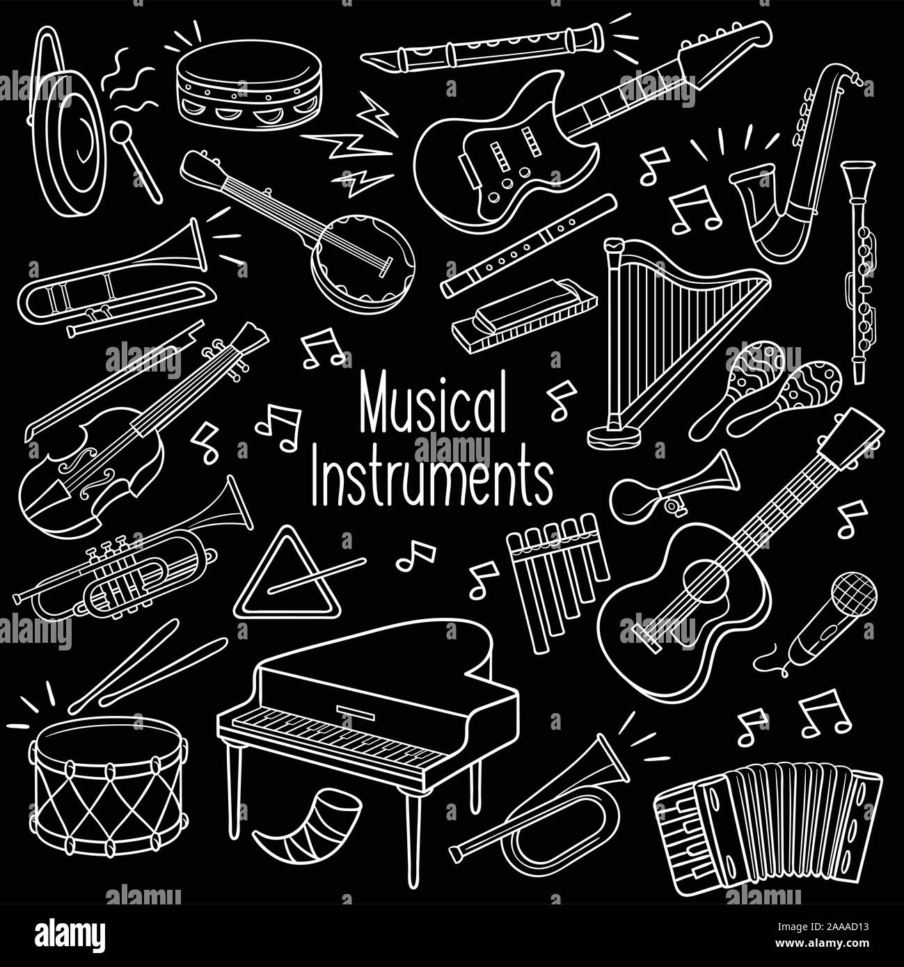 Conjunto de instrumentos musicales de dibujo en una pizarra de color blanco  sobre fondo negro Imagen Vector de stock - Alamy