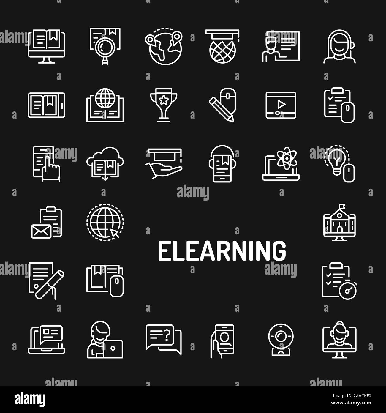 Iconos de líneas sencillas en blanco sobre fondo negro aislados relacionados con medios electrónicos de aprendizaje y capacitación en línea. Signos y símbolos de vectores colecciones fo Ilustración del Vector