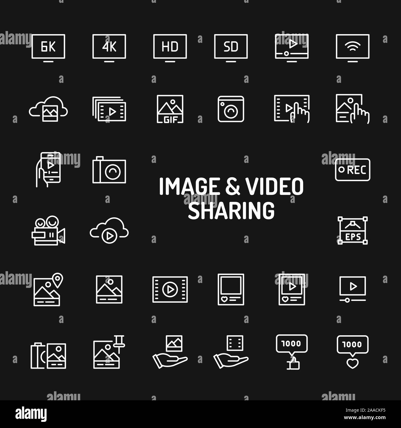 Iconos de líneas sencillas en blanco sobre fondo negro aislados relacionados con vídeo y compartir imágenes. Signos y símbolos de vectores colecciones para web y diseño t Ilustración del Vector