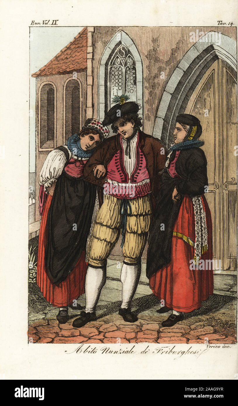 La novia y el novio en trajes de boda en Friburgo, Suiza, siglo XVIII.  Visten ropa de estilo gótico, la novia en un peculiar gorra con un Agnus  Dei ruff colgando del