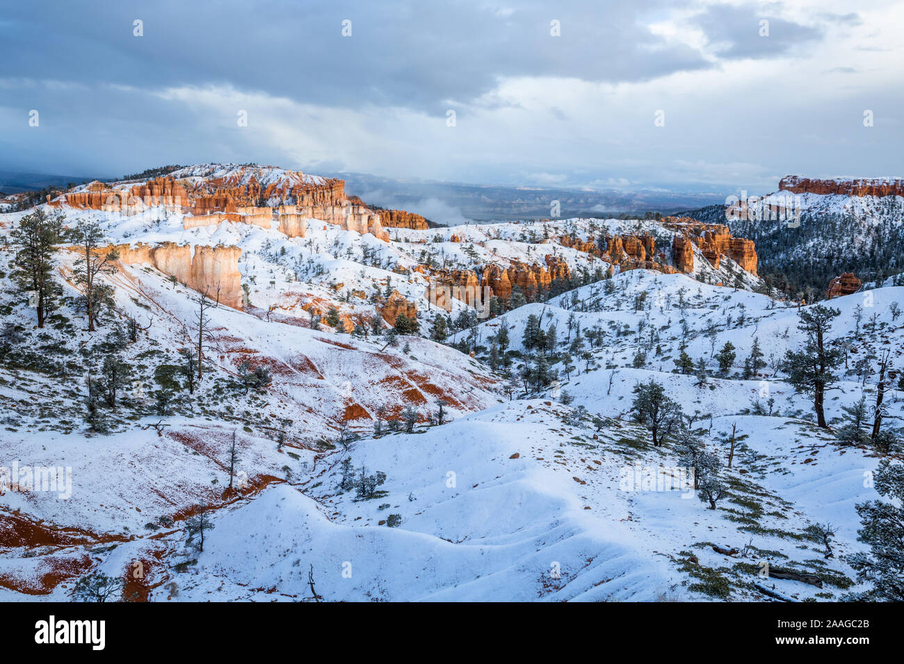 Escena de Invierno entre las rocas rojas del sur de Utah hoodoos o torres como están cubiertos con nieve fresca. Foto de stock
