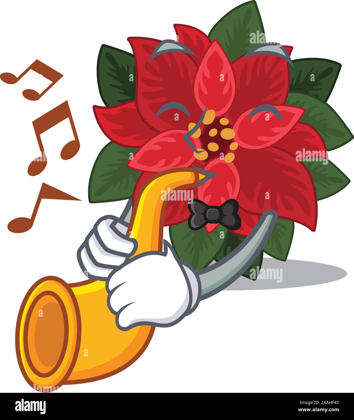 Cena de Nochebuena personaje de dibujos animados de flores frescas con  trompeta de rendimiento Imagen Vector de stock - Alamy