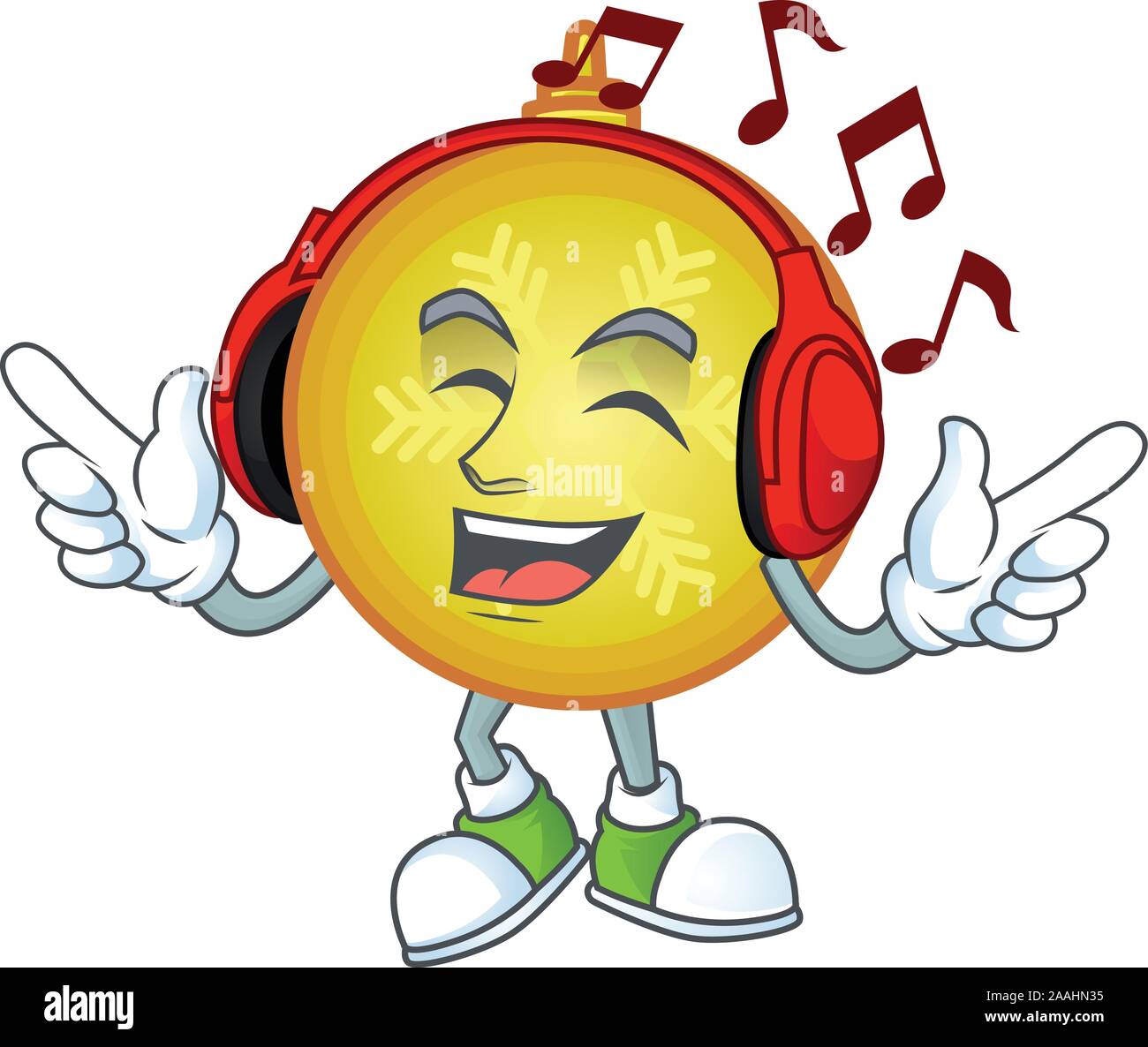 Ilustración vectorial de amarillo bola de Navidad estilo de dibujos animados  escuchando música Imagen Vector de stock - Alamy