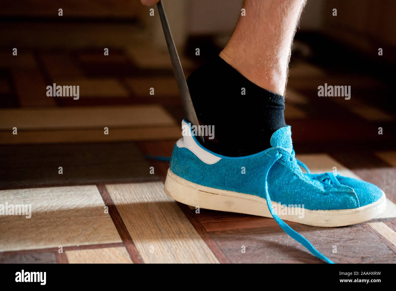 Cerrar el hombre intenta poner en los zapatos zapatillas azules con la  ayuda Fotografía de stock - Alamy