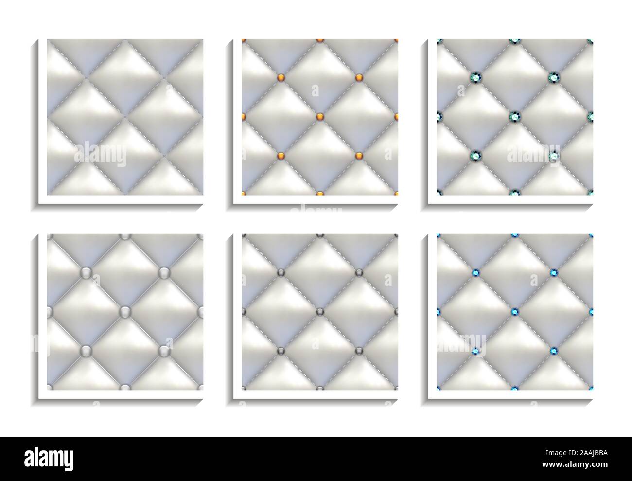 Seamless vector patrones de tapicería de cuero blanco con oro, gris plata, botones de diamantes. Texturas de lujo de muebles clásicos Ilustración del Vector