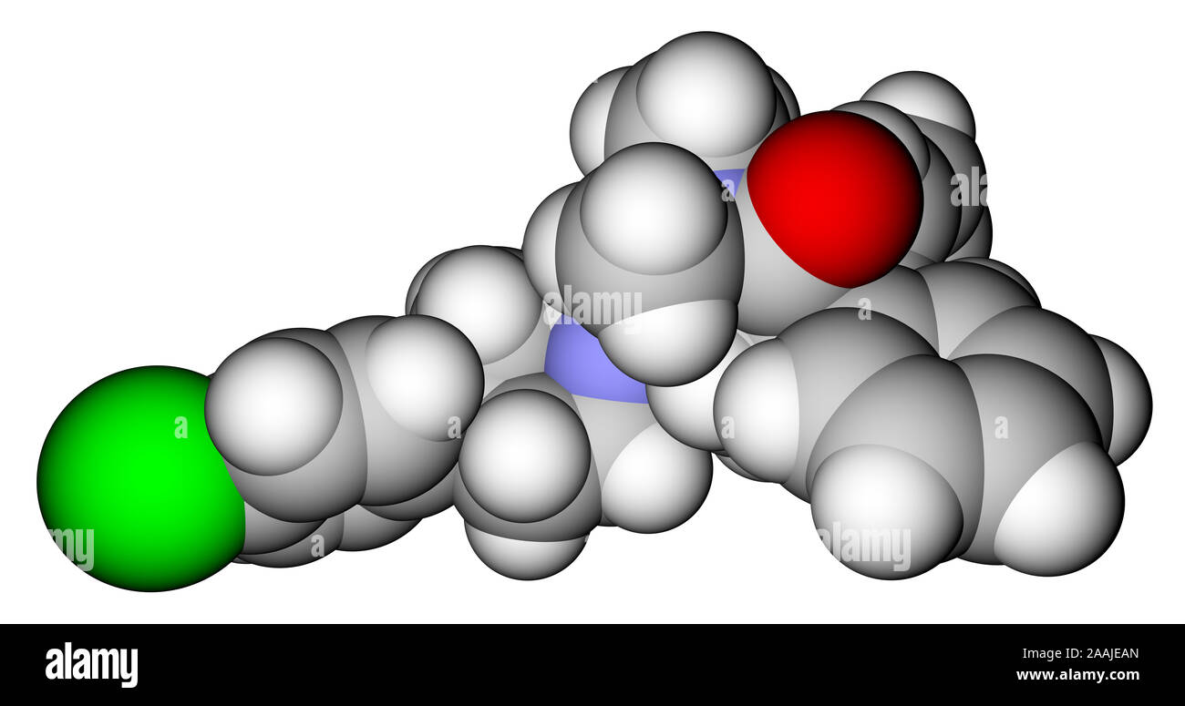 La loperamida, un fármaco de diarrea. Estructura molecular en 3D. Foto de stock
