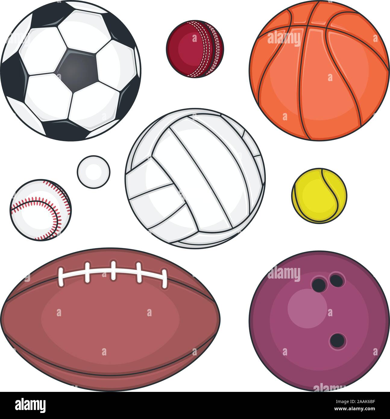 Colección de bolas, con el balón de fútbol, baloncesto, tenis pelota de  softbol, bola, pelota de golf, pelota de rugby, volley ball, bola de bolos.  Ilustración vectorial ca Imagen Vector de stock -