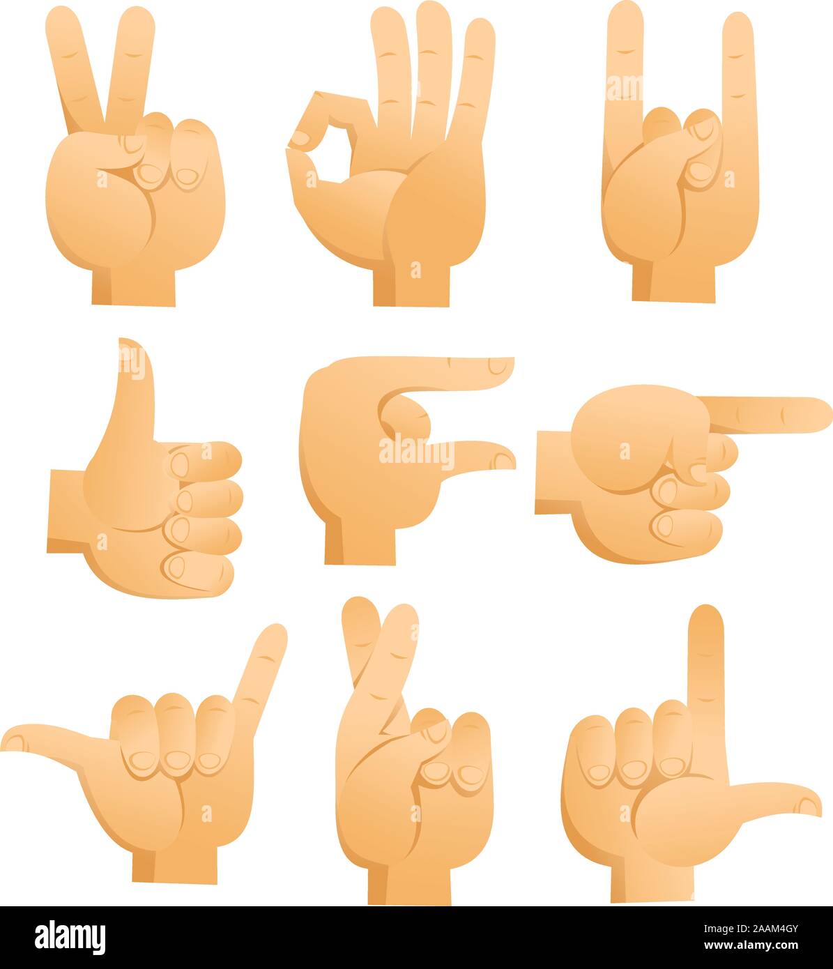 Las señales de mano de dibujos animados con el signo de la paz, ok signo,  signo de rock, suerte dedo firmar, señalando la mano, buena señal.  Ilustración vectorial de dibujos animados Imagen
