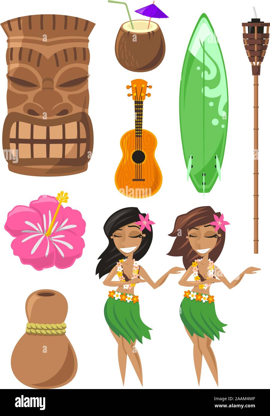 Hawaiano, Hawaii con tiki, Dios Tiki, hula dancer, junta, surf, ukelele tienda, coco. Ilustración vectorial de dibujos animados. Ilustración del Vector