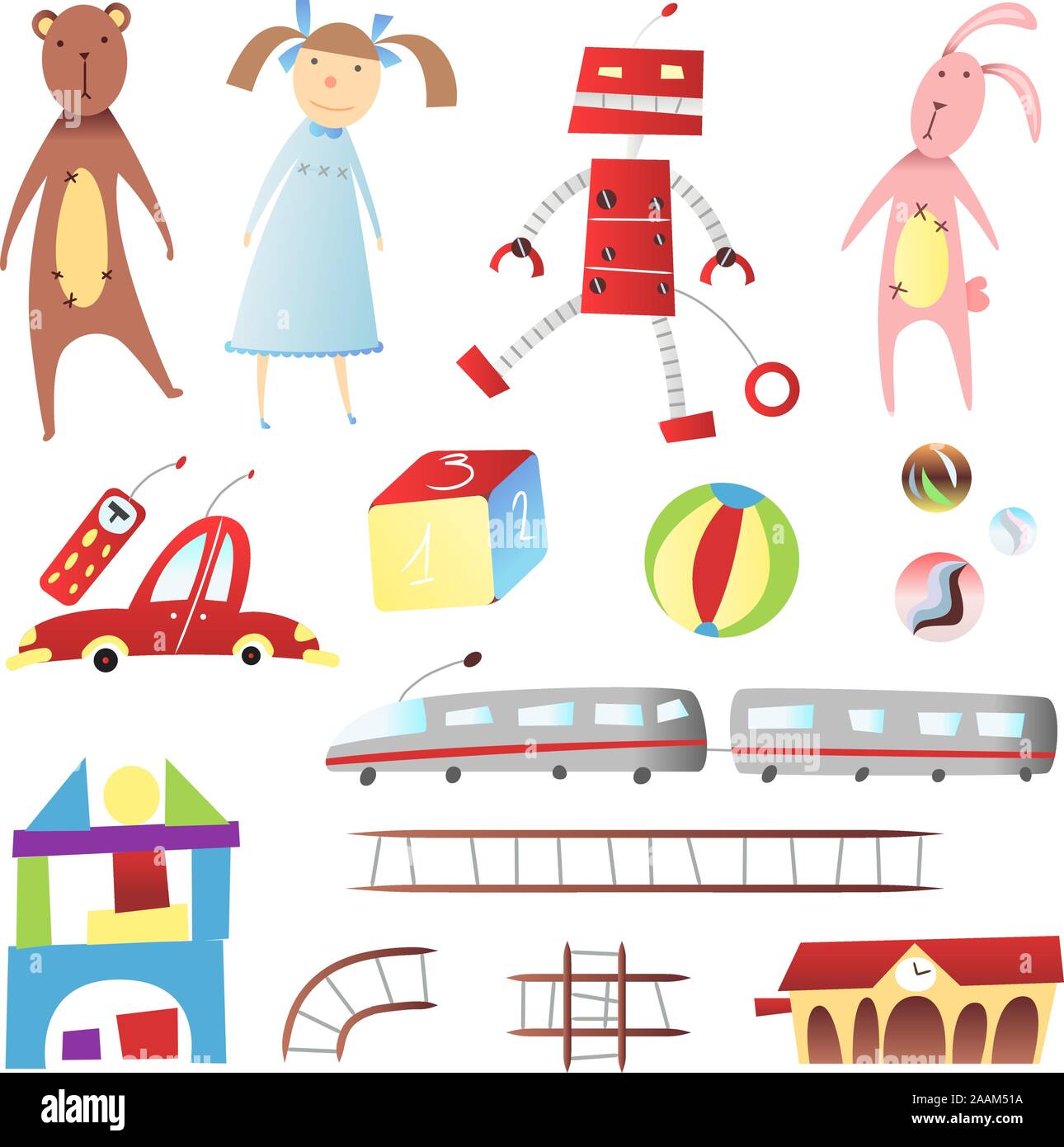 Los niños juguetes de época, con oso, una muñeca robot, conejo, Coche a  control remoto, dados, tren, bola y casa ilustración vectorial de dibujos  animados Imagen Vector de stock - Alamy