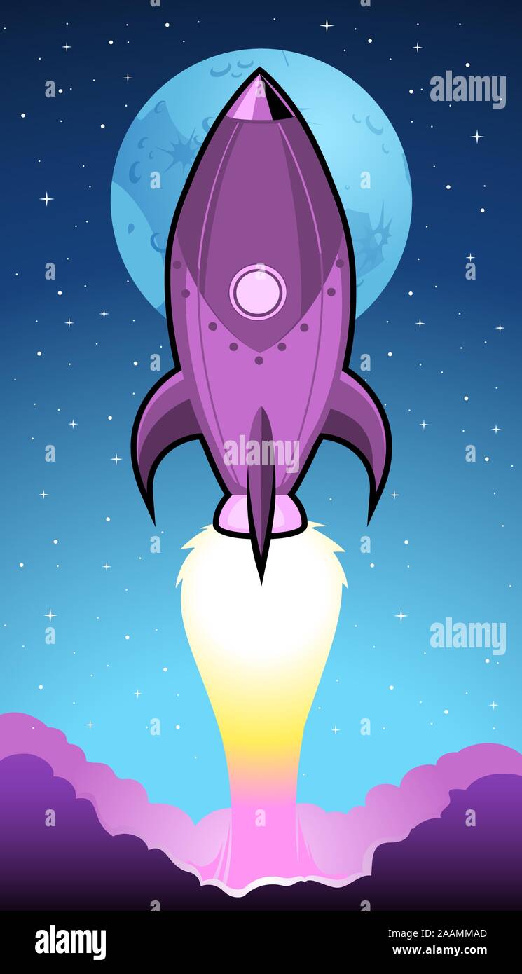 Cohete despega con luna llena antecedentes ilustración vectorial de dibujos animados. Ilustración del Vector