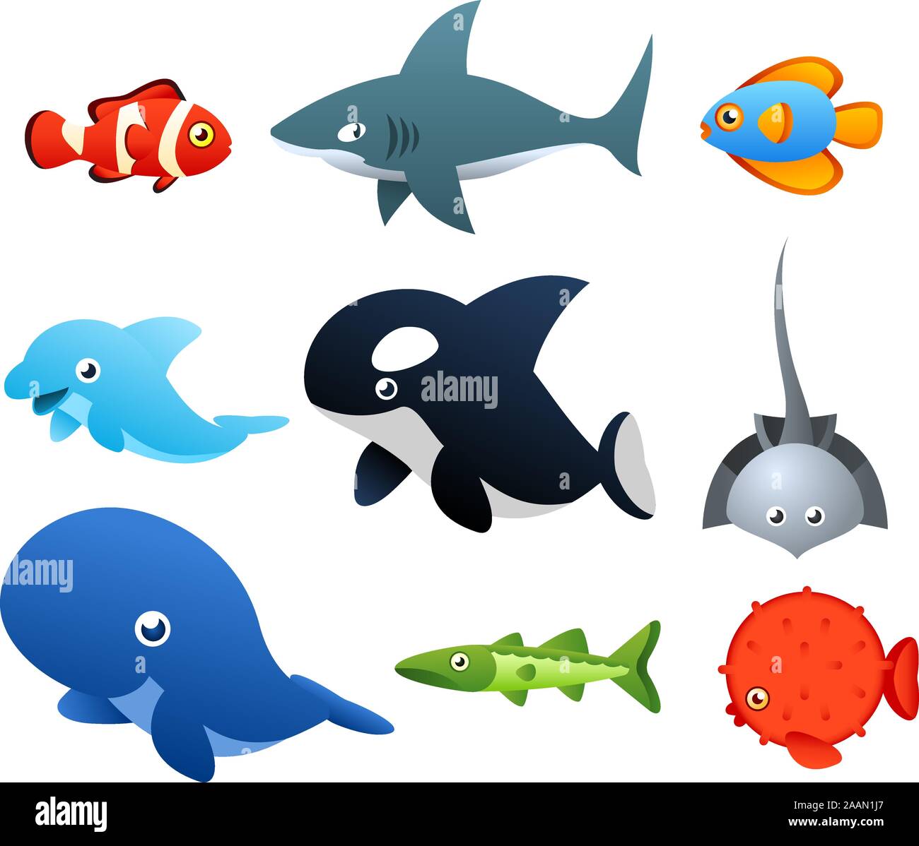 El segundo conjunto de iconos de Vida Marina, con nueve diferentes animales marinos como peces, tiburones, delfines, ballenas ilustración vectorial. Ilustración del Vector
